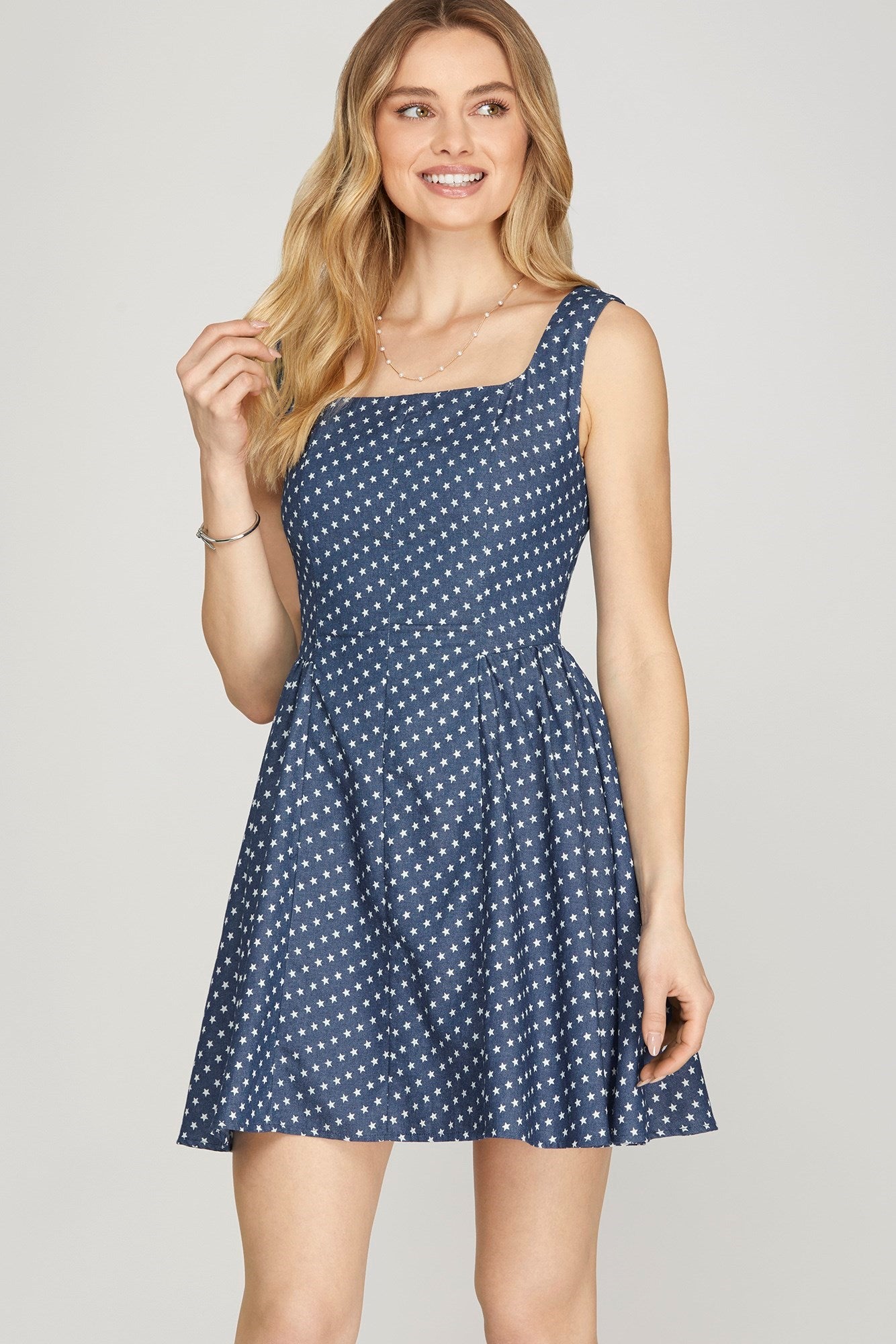 Sleeveless Star Printed Chambray Mini Dress - Dress
