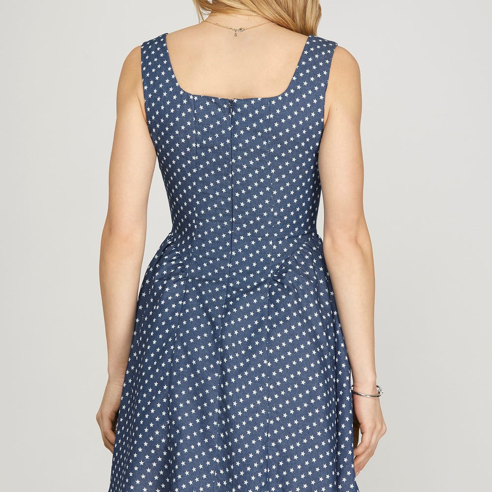 Sleeveless Star Printed Chambray Mini Dress - Dress