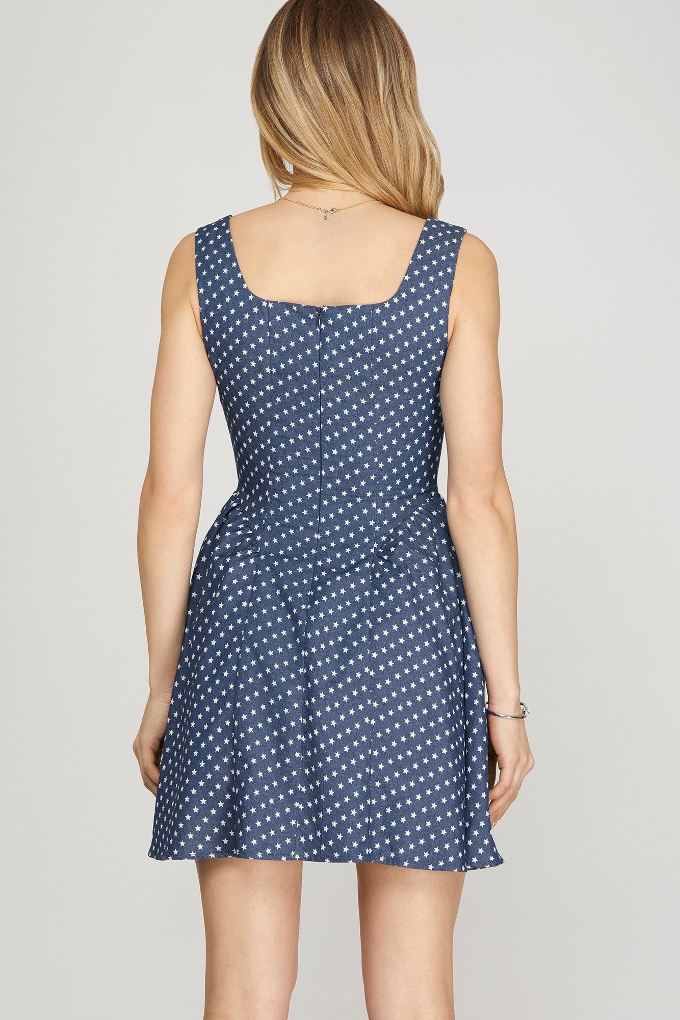 Sleeveless Star Printed Chambray Mini Dress - Dress