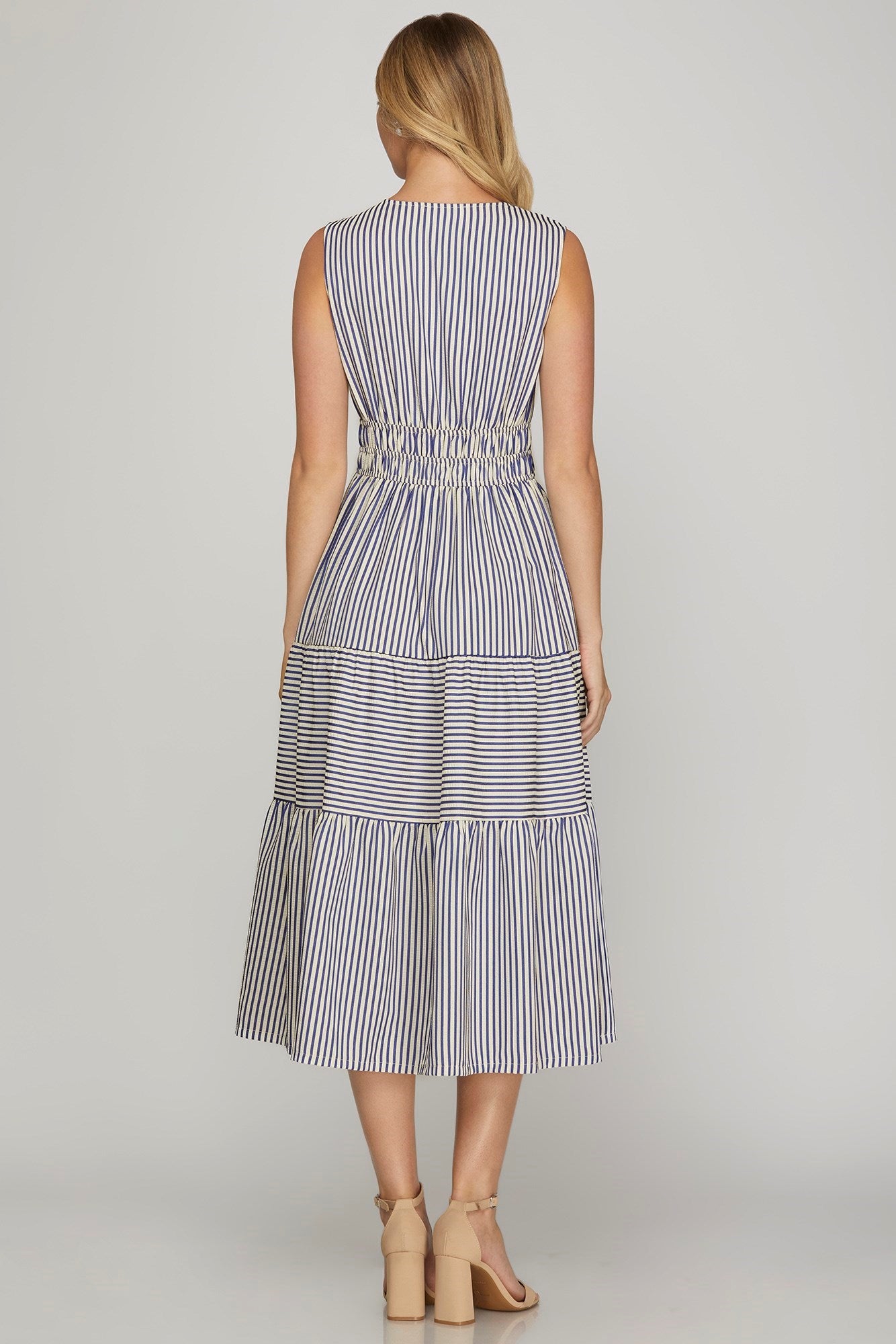 Sleeveless Striped Tiered Midi Dress with Pockets - Dress