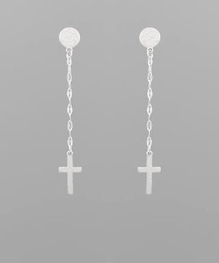Divine Grace Cross Drop Linear Earrings – Textured Matte Dangles