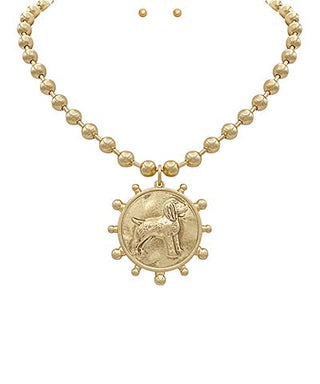 Vintage Gold Smokey Hound Dog Medallion Necklace & Earring Set