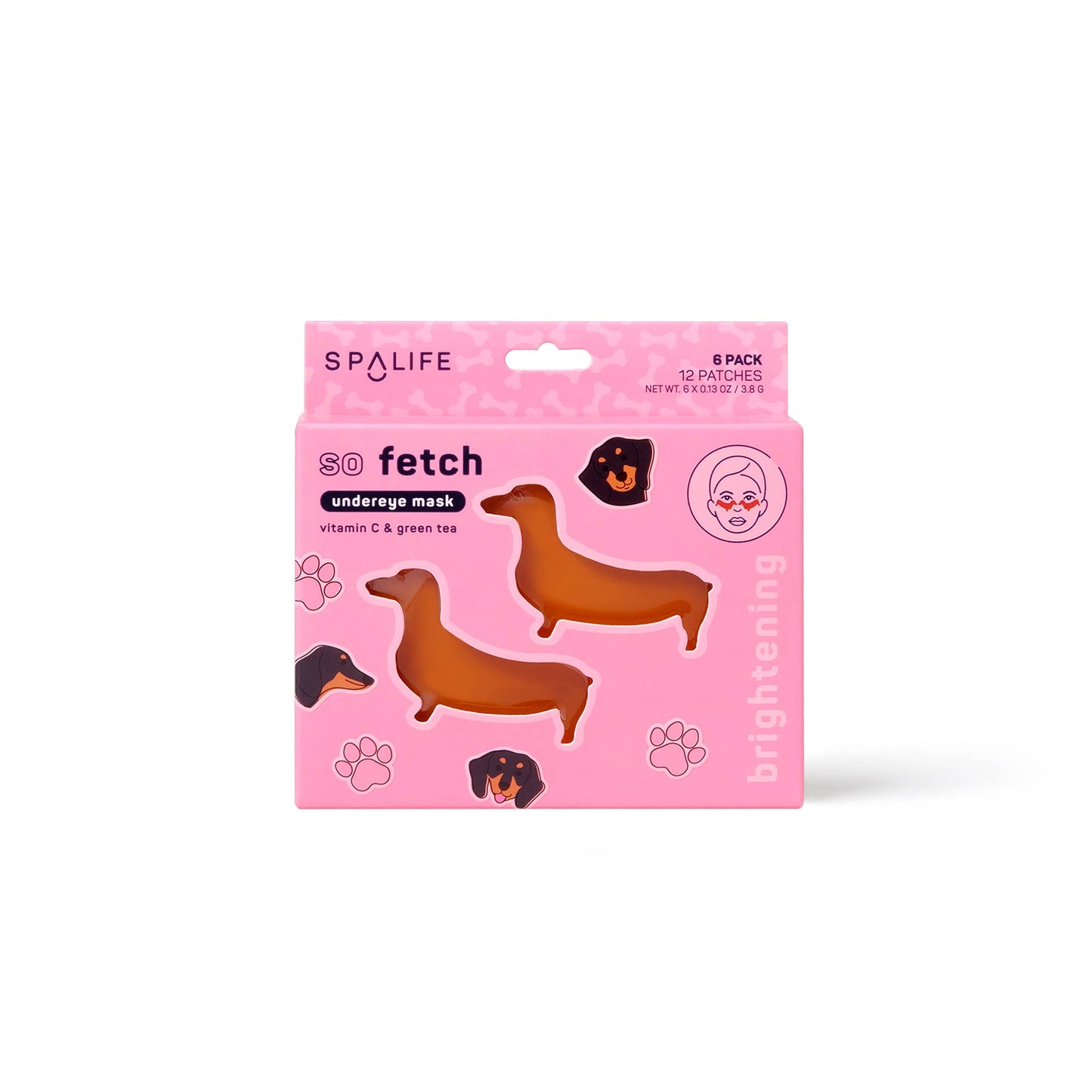 SpaLife So Fetch Brightening Undereye Masks in dachshund shape, pink packaging with Vitamin C and Green Tea formula.