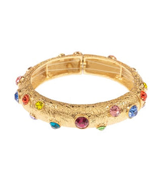 Radiant Multi-Color Glass Stone Gold Textured Stretch Bangle