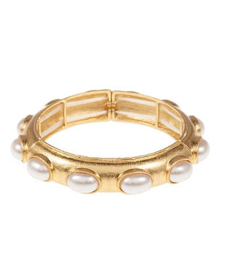 Gold Domed Oval Pearl Stretch Bracelet