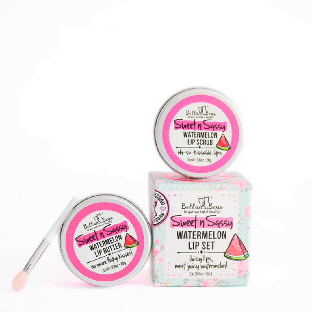 Bella & Bear Sweet ’n’ Sassy Watermelon Lip Set featuring lip scrub and lip butter in pink and mint packaging.