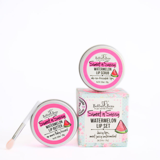 Bella & Bear Sweet ’n’ Sassy Watermelon Lip Set featuring lip scrub and lip butter in pink and mint packaging.