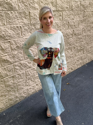 Patches Doxie Crew Tunic Top, Long Sleeve, Ivory