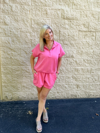 Modal Poly Span Quarter Zip Short Sleeve Top in Pink