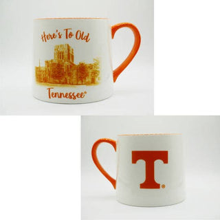Tennessee ceramic mug featuring Ayres Hall and the phrase “Here’s To Old Tennessee” with Power T logo on reverse.
