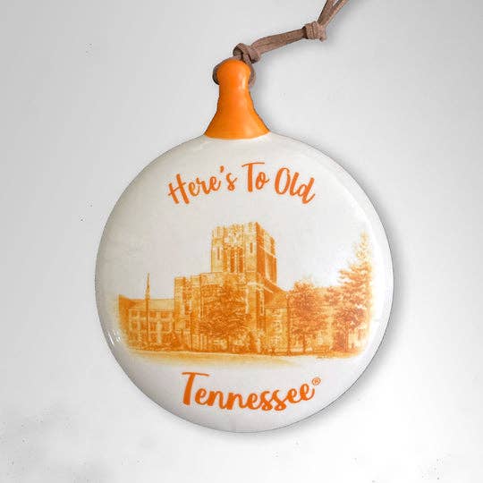 Tennessee Campus Ceramic Puff Ornament featuring Ayres Hall and “Here’s To Old Tennessee” in orange text.
