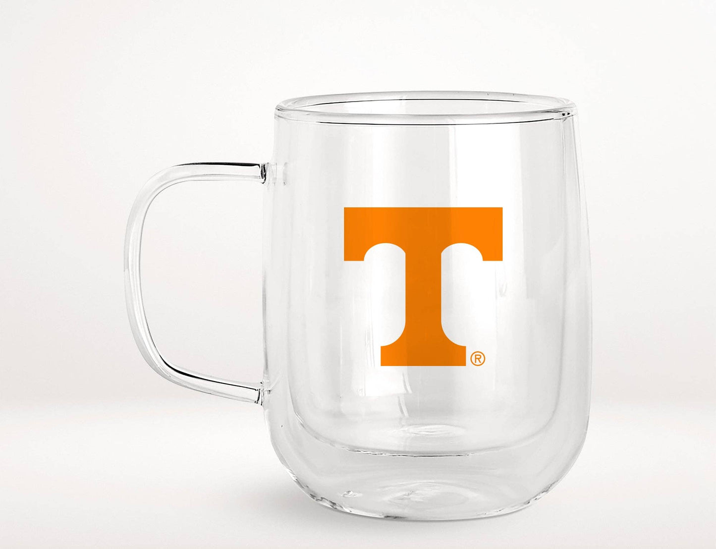 Clear glass mug featuring Tennessee landmarks with “Vol For Life” text and Power T logo on reverse side.