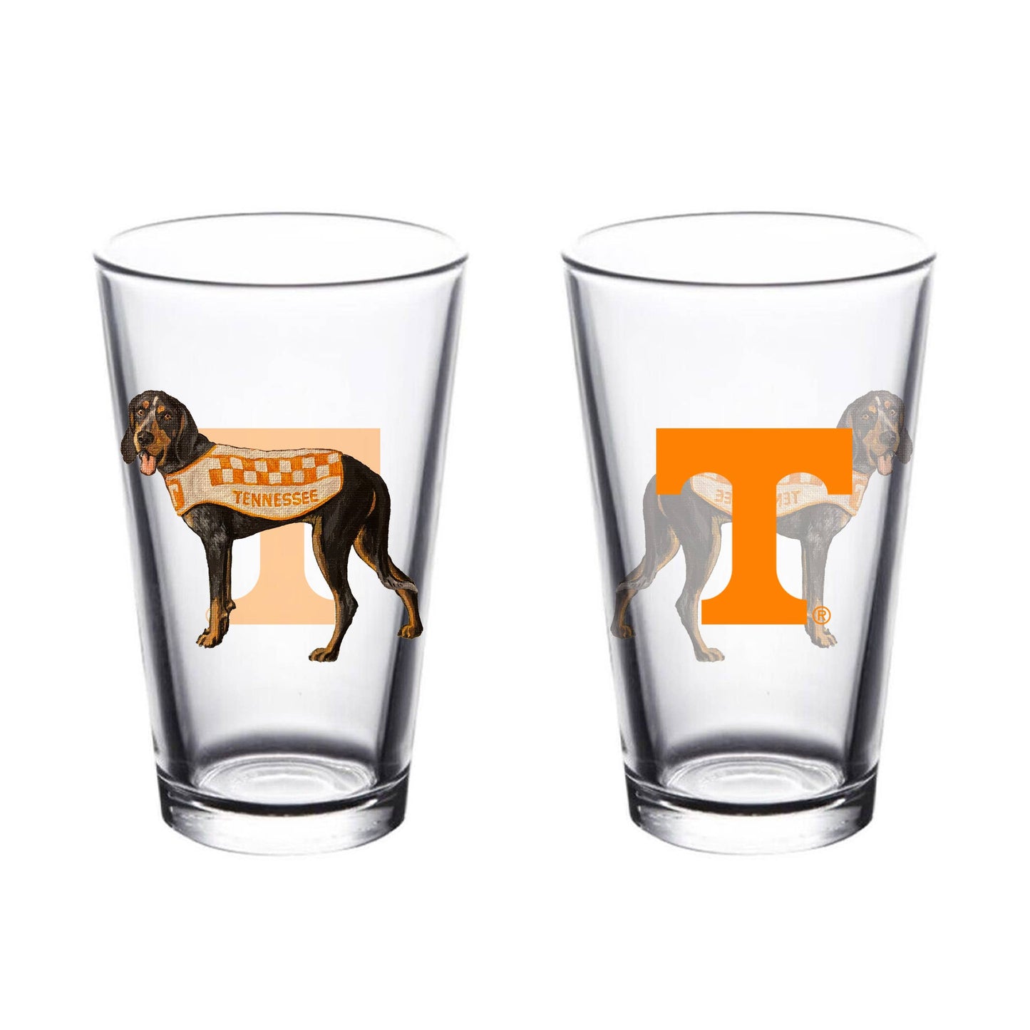 Set of two Tennessee pint glasses featuring Smokey the mascot and the Power T logo.