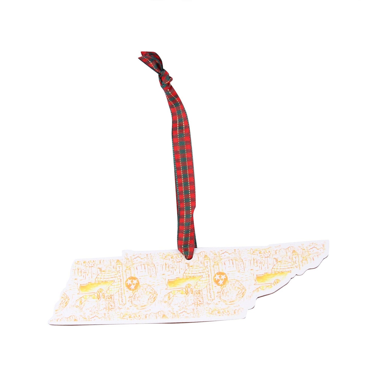 Wooden Tennessee-shaped ornament with orange Tennessee icons and a red plaid ribbon.