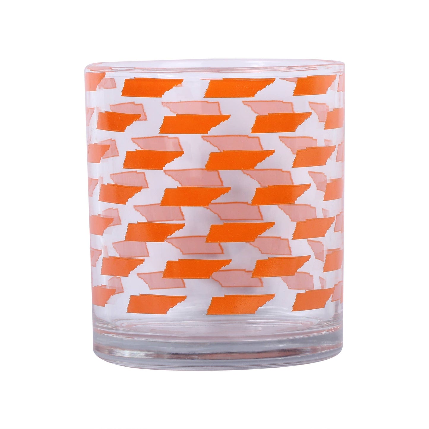 Clear rocks glass featuring a repeating orange Tennessee state pattern design.