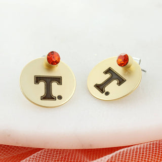 Matte gold Tennessee Power T earring jackets with orange crystal studs — officially licensed collegiate jewelry from The Pink Doxie.