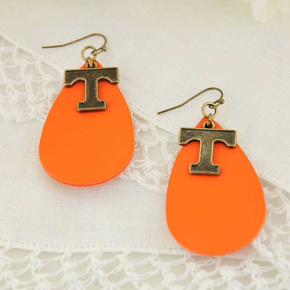 Orange leather teardrop earrings with vintage Tennessee Power T charm — boutique game day jewelry from The Pink Doxie.