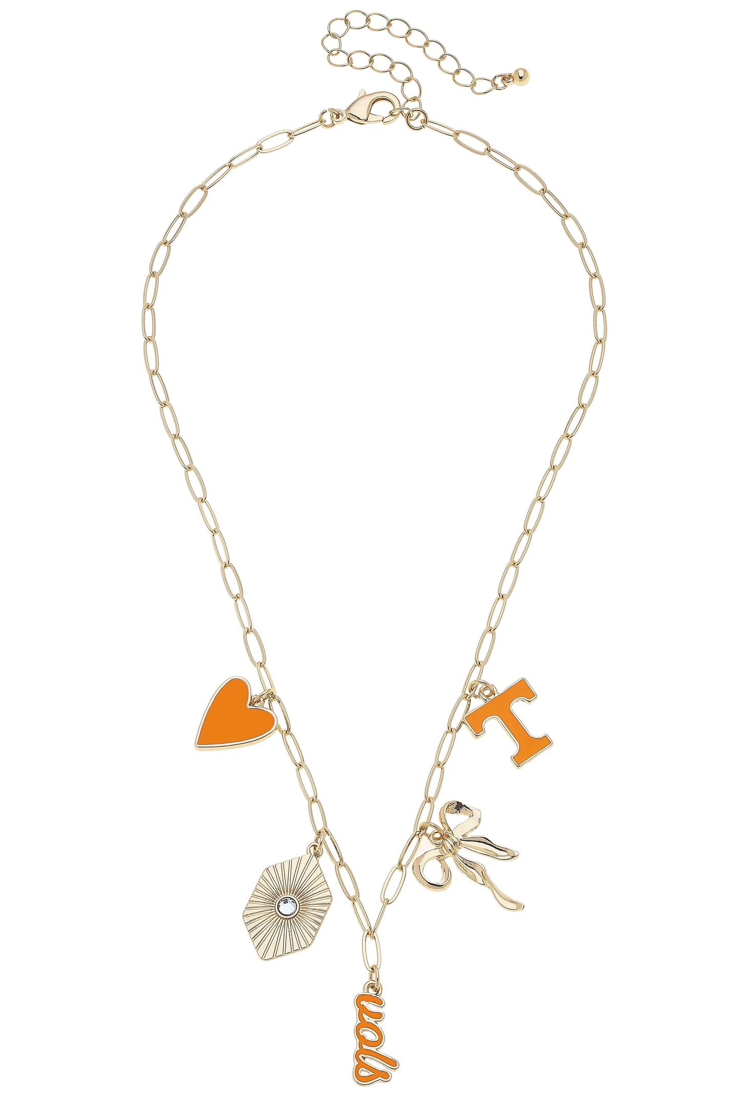 Tennessee Vols gold paper clip necklace with orange charms and “Vols” lettering.