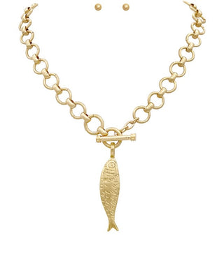Artisan Textured Fish Pendant & Bold Link Necklace Set