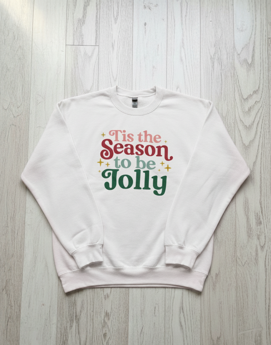 ’Tis The Season To Be Jolly white sweatshirt with red and green holiday lettering – The Pink Doxie Boutique