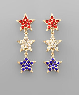 Patriotic USA Crystal Triple Star Dangle Earrings