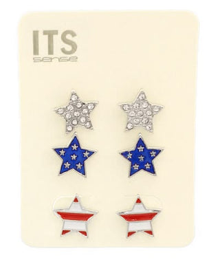 Patriotic USA Flag Star Stud Earrings Set – 3 Pairs of Crystal & Enamel Stars