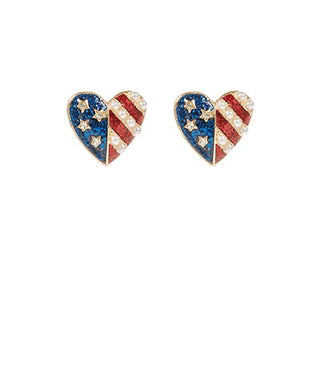 Patriotic Crystal & Pearl USA Heart Earrings - Hypoallergenic Titanium Studs