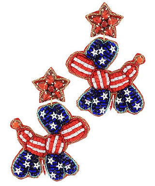 Patriotic USA Balloon Dog Beaded Earrings – Red, White & Blue Stars and Stripes Statement Jewelry
