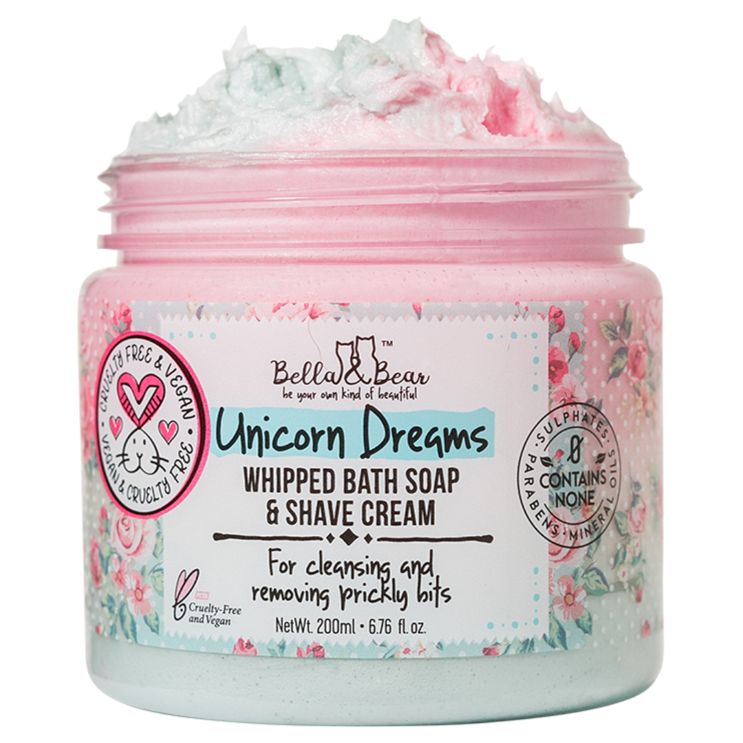 Bella & Bear Unicorn Dreams Whipped Bath Soap & Shave Cream in pastel pink and mint jar with tropical scent.