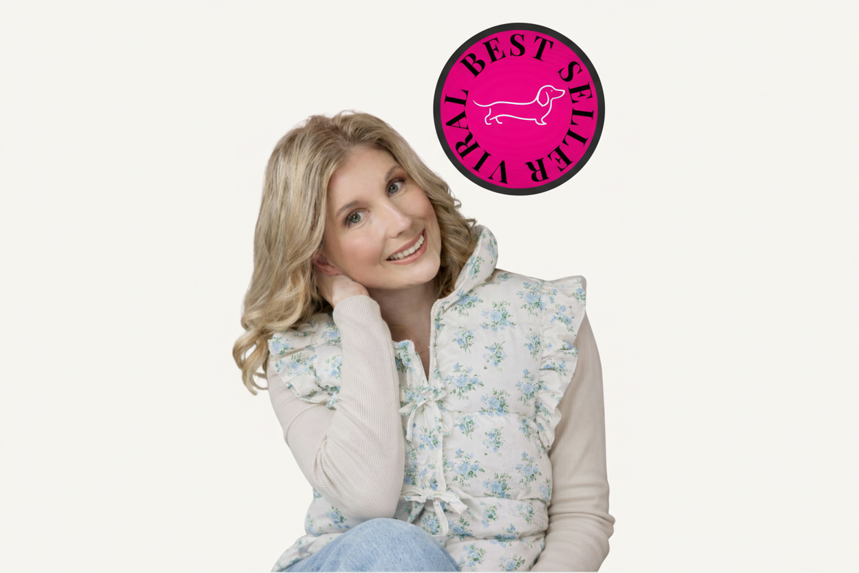 Woman wearing a floral quilted vest with a 'Best Seller' badge on a white background