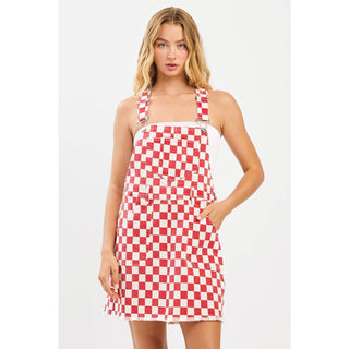GAME DAY CHECKERED BIB OVERALL MINI DRESS