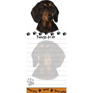 Die-cut dachshund head magnetic list pad with paw prints and notes section.