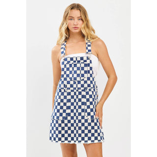 GAME DAY CHECKERED BIB OVERALL MINI DRESS