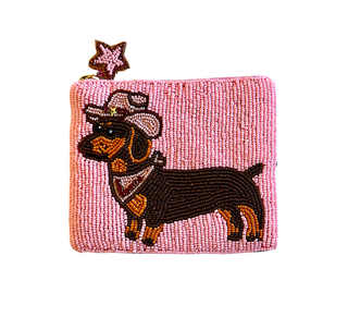 Hand-Beaded Dachshund Cowboy Coin Purse – Western Pink Dog Pouch