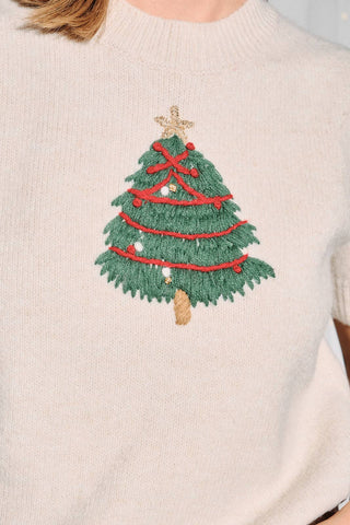 Round Neck Puff Sleeve Sweater, Christmas Applique