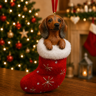 Handcrafted Dachshund ornament in a red stocking with handpainted details.
