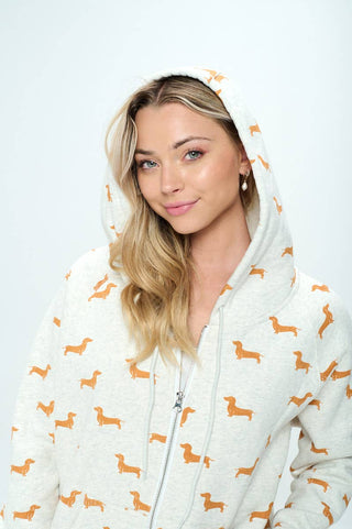 Cozy Dachshund Print Zip-Up Hoodie | Cute Wiener Dog Sweatshirt