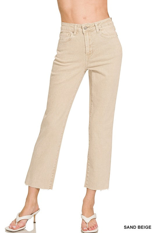 Acid Washed High Waist Cropped Straight Pants - Beige / S - Pants