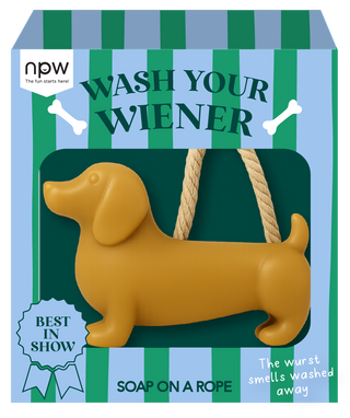 Dachshund-shaped soap on a rope with fresh scent in packaging.