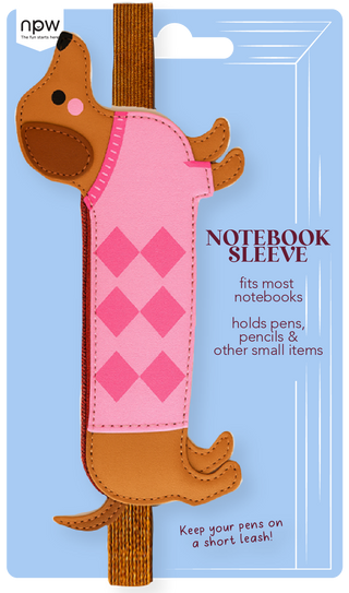 Wiener dog notebook sleeve in pink with a brown dog design, fits most notebooks.
