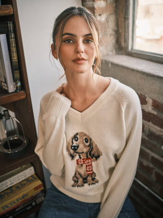 "Cozy Doxie" Vintage V-Neck Graphic Sweater