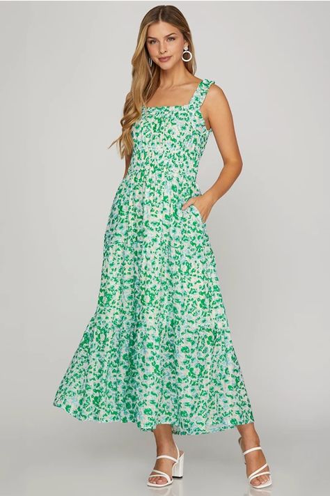 Floral Tiered Midi Dress with Ruffled Straps - Dress