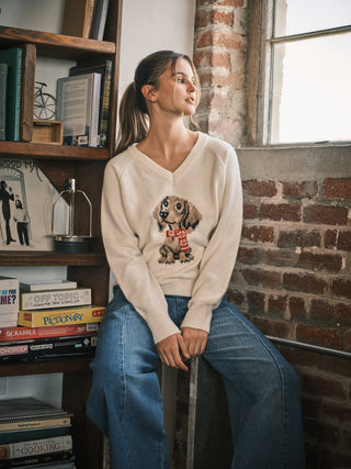 "Cozy Doxie" Vintage V-Neck Graphic Sweater