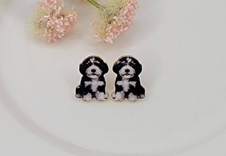 Black and white Bernedoodle puppy enamel stud earrings with gold trim displayed on a white plate from The Pink Doxie Boutique.