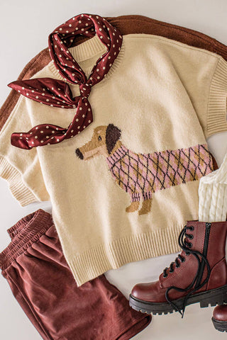 12W3672N-Dog Graphic Short Sleeve Knit