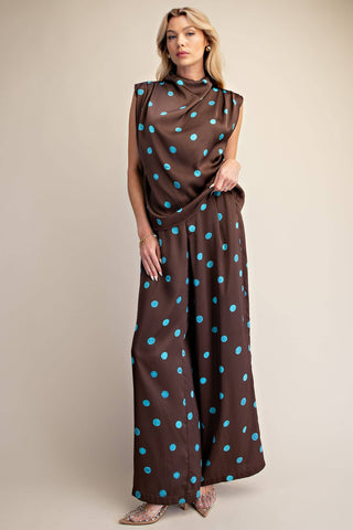 Satin Polka Dot Cowl Mock Neck Sleeveless Blouse