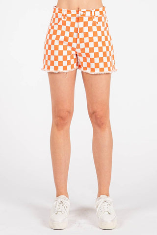 GAME DAY CHECKERED FRAYED HEM CASUAL SHORTS