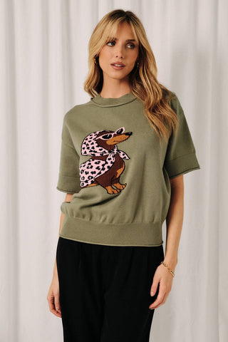 Round Neck Dachshund Graphic Short Sleeve Sweater Top
