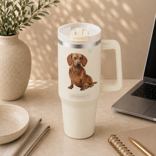 A cream-colored travel tumbler with a handle and lid, featuring a printed illustration of a brown dachshund dog and the name 'SERENGETI' on the front. The tumbler is styled on a beige desk next to a laptop, a ceramic vase with a plant, and a bowl.