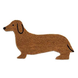 Dachshund-shaped doormat made of coir fiber with a rubber backing.